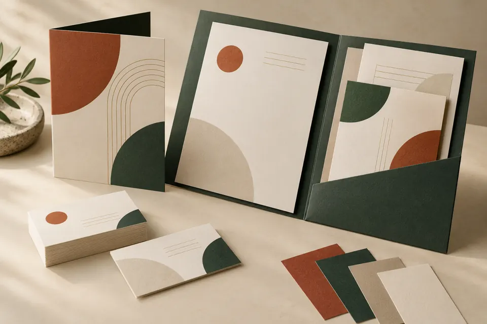 Illustrative business cards, folded brochure, and presentation folder in cream, terracotta, and green